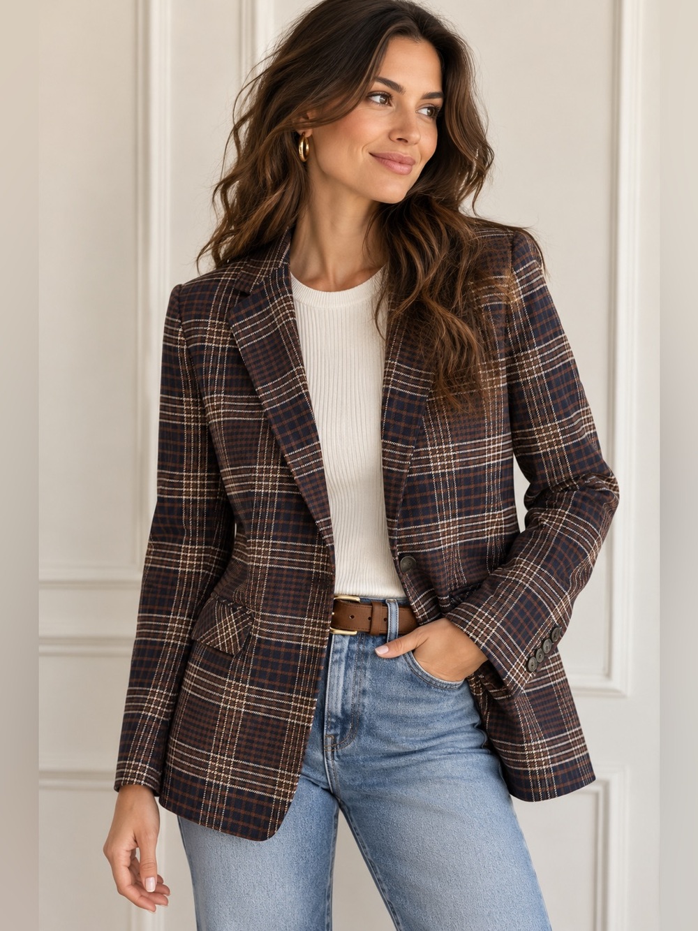 SØSKEN Brown Navy Plaid Single Button Blazer Preppy Academia Jacket